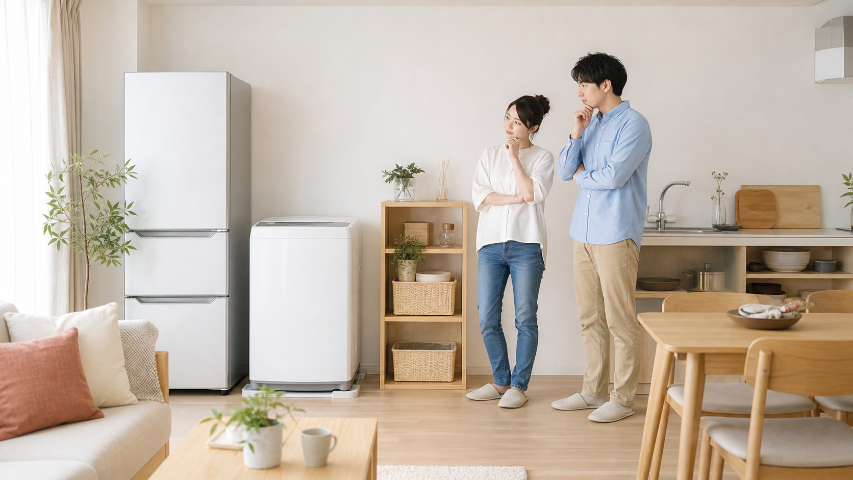 二人暮らしの家電サイズ早見表｜冷蔵庫・洗濯機は何Lが正解？ 二人暮らしの家電サイズ早見表（冷蔵庫・洗濯機・レンジ・炊飯器・エアコン） 解説イメージ
