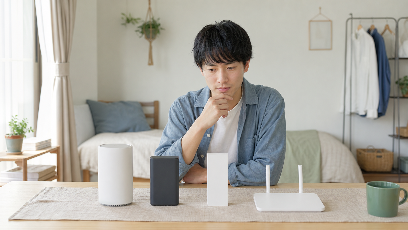一人暮らしのネット回線おすすめ｜工事不要ですぐ使える順に紹介 回線タイプ3種の比較表（光回線/ホームルーター/モバイルWi-Fi） 解説イメージ